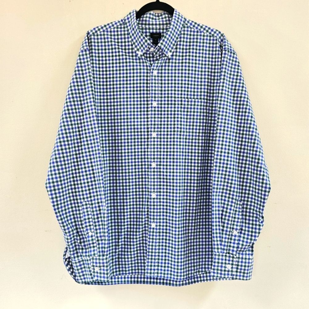 J Crew Shirt Men Sz XL Green Blue White Checkered Button Down Collar Frnt Pocket